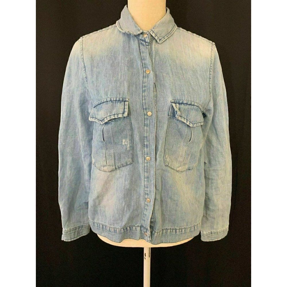 Zara Womens Solid Light Blue Long Sleeve Denim Jean Button Down Jacket Medium